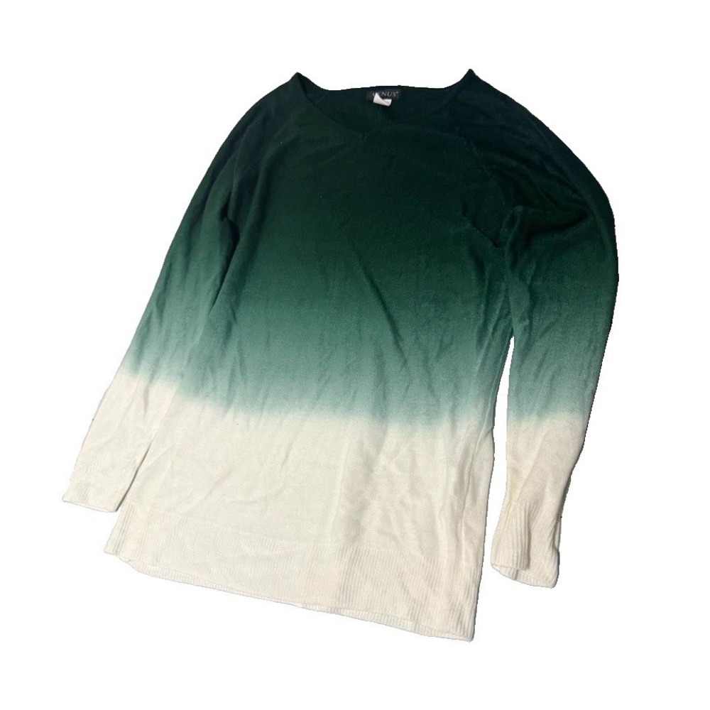 VENUS Women's M Green/White Ombre Knit Crew Neck Long Sleeve Pullover Sweater